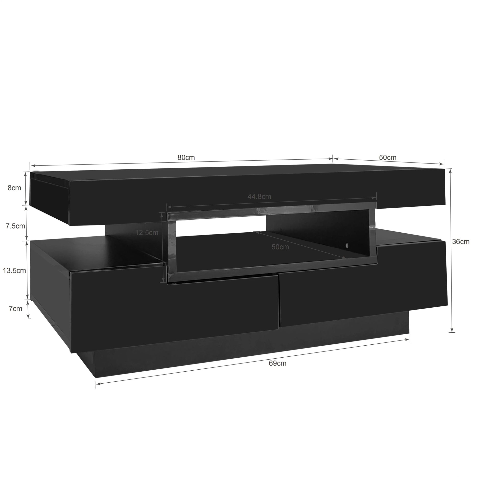 Salontafel – Koffietafel – Woonkamertafel – Opbergtafel – LED-Verlichting – 80 X 50 X 36 Cm – Vier Lades - Zwart - QUORE