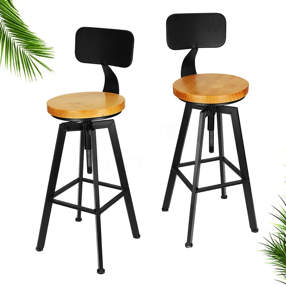 Barkruk - Barkruk Industrieel – Houten Barkruk – Barkrukken Set van 2 – Barkruk met Rugleuning - Bar Stool – Houten Zitvlak - Barkrukken met Voetensteun - Stoel 64-84Cm - Zwart