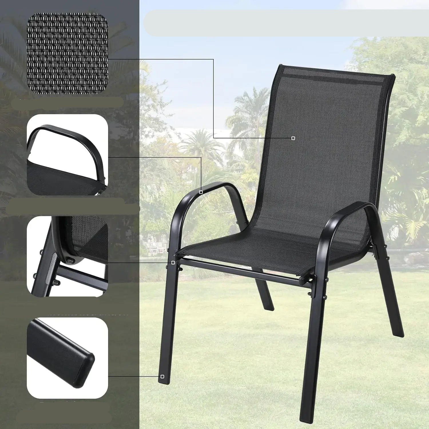 Tuinstoelen - Eetkamer Stoelen - Strandstoelen - Tuinstoel - Klaptoel - Textilene Eetstoelen met Stalen Frame - Stapelbare - Draagvermogen 150kg - Set van 4 - Zwart - QUORE
