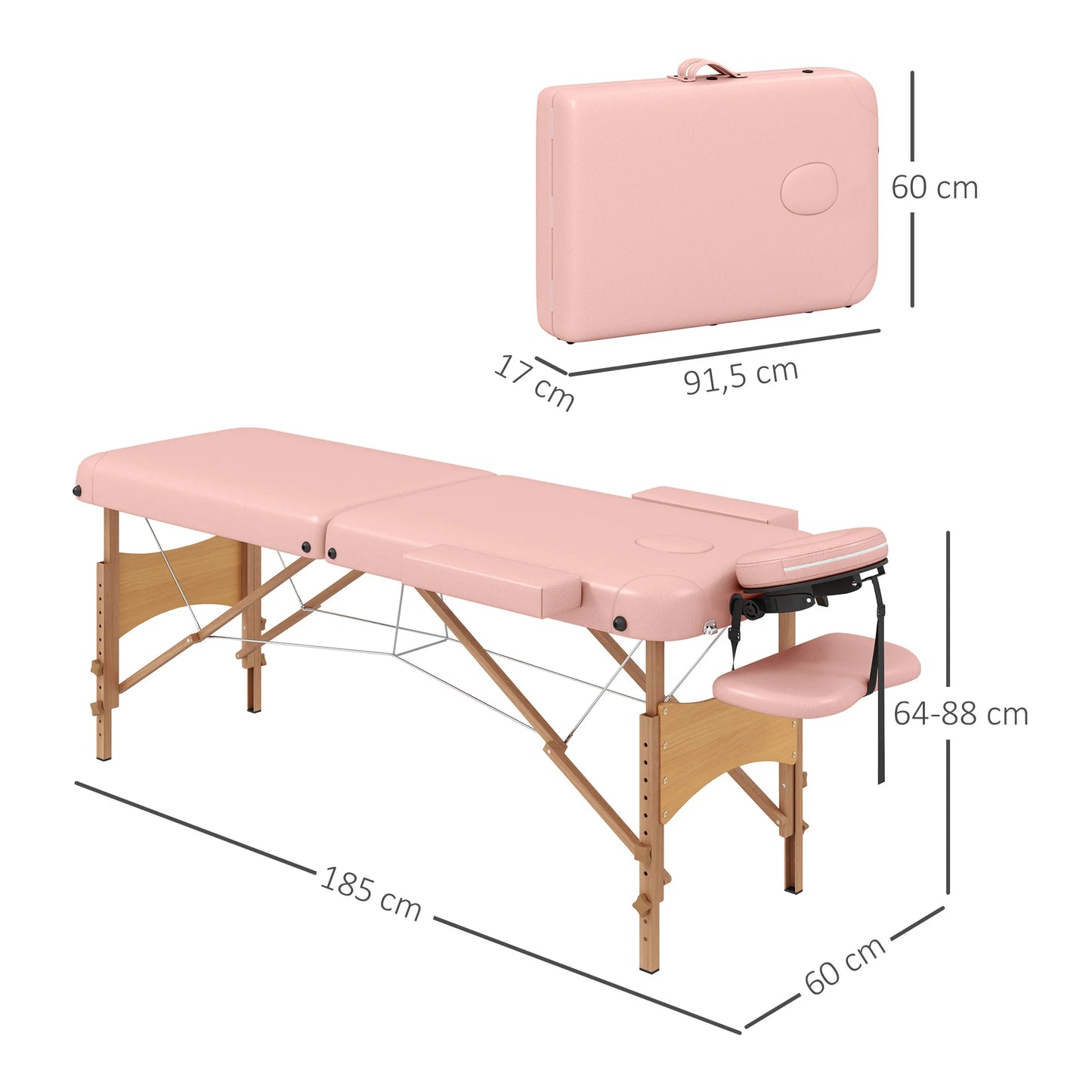 Massagetafel Inklapbaar - Behandeltafel - Massagebank - Verstelbaar Massage Bed - 185x60cm - Hoogte 64-88cm - Draagbaar en Comfortabel - Roze - QUORE
