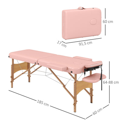 Massagetafel Inklapbaar - Behandeltafel - Massagebank - Verstelbaar Massage Bed - 185x60cm - Hoogte 64-88cm - Draagbaar en Comfortabel - Roze - QUORE