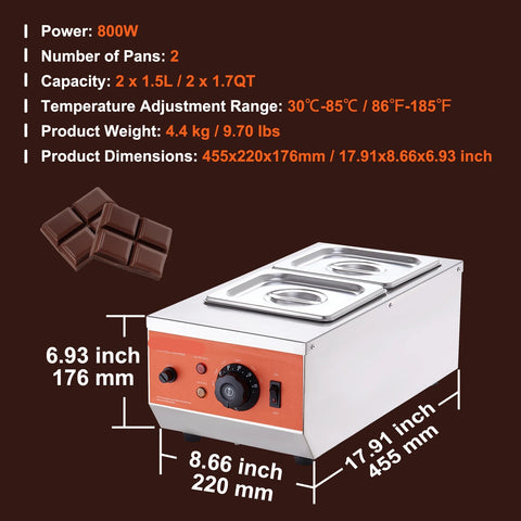 Chocolate - Chocolate Fondue - Chocolate Fountain - Chocolate Melter Electric - Chocolate Melter - Melting Pot - 800W Stainless Steel - For Melting and Heating Chocolate/Milk/Cream