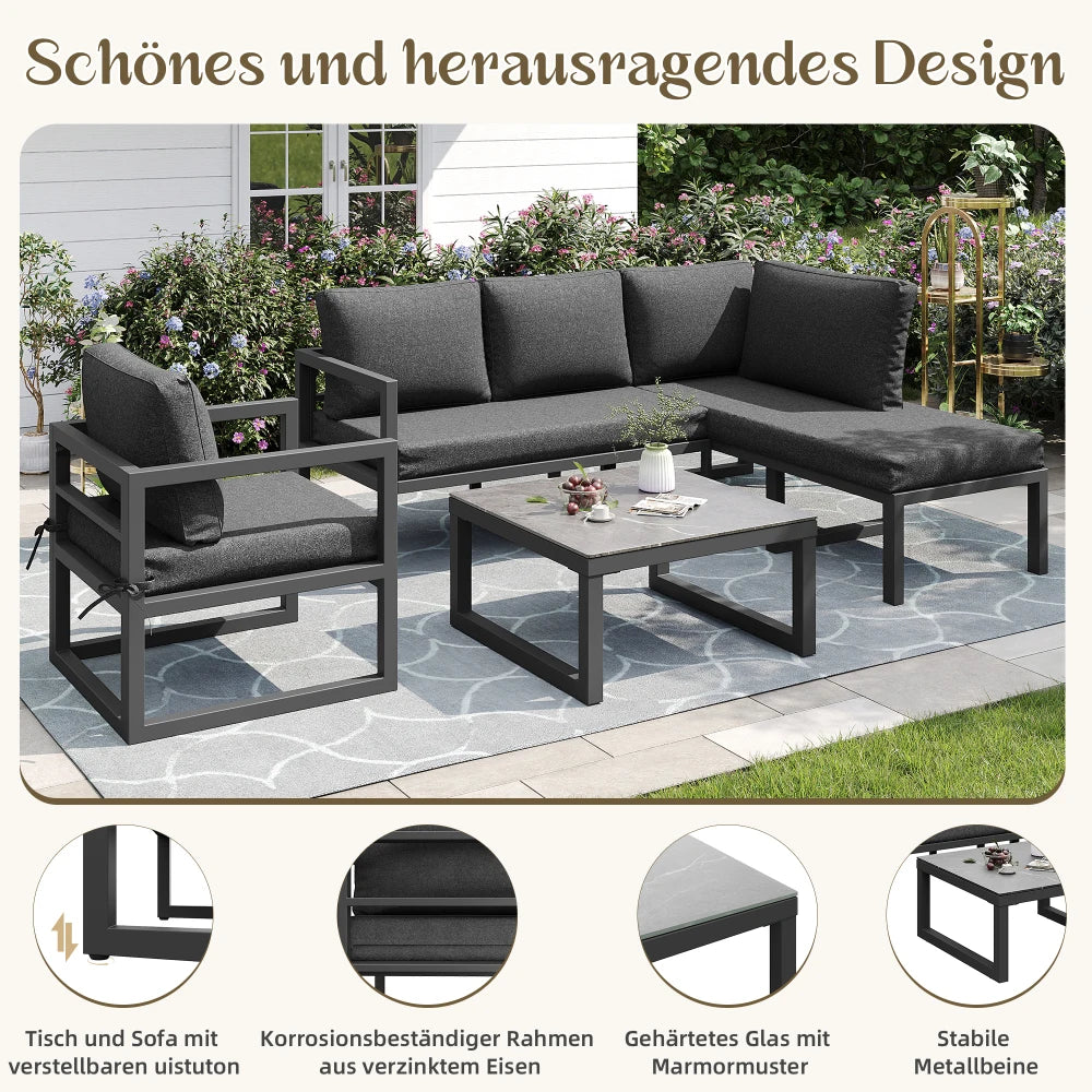 Loungebank – Tuinbank – Loungeset – 4-Persoons Tuinset – Buitenmeubel – Verstelbare Poten – Gehard Glas Met Marmerlook
