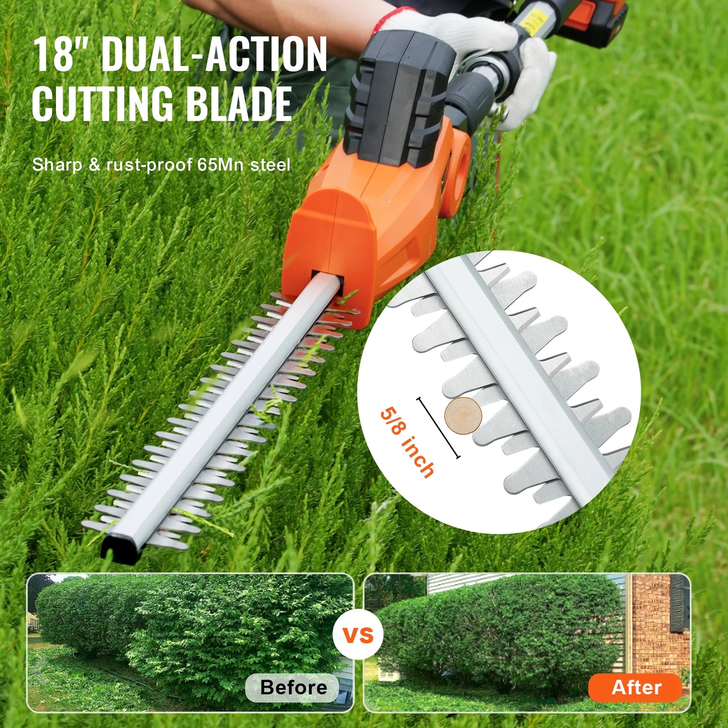 Vevor - Knot Trimmer - Hedge Trimmer - 18in - Cordless Pruning Shears - Double Edged Steel Blade - Garden Tools - 74"-94" Telescopic Pole for High Branches - Orange