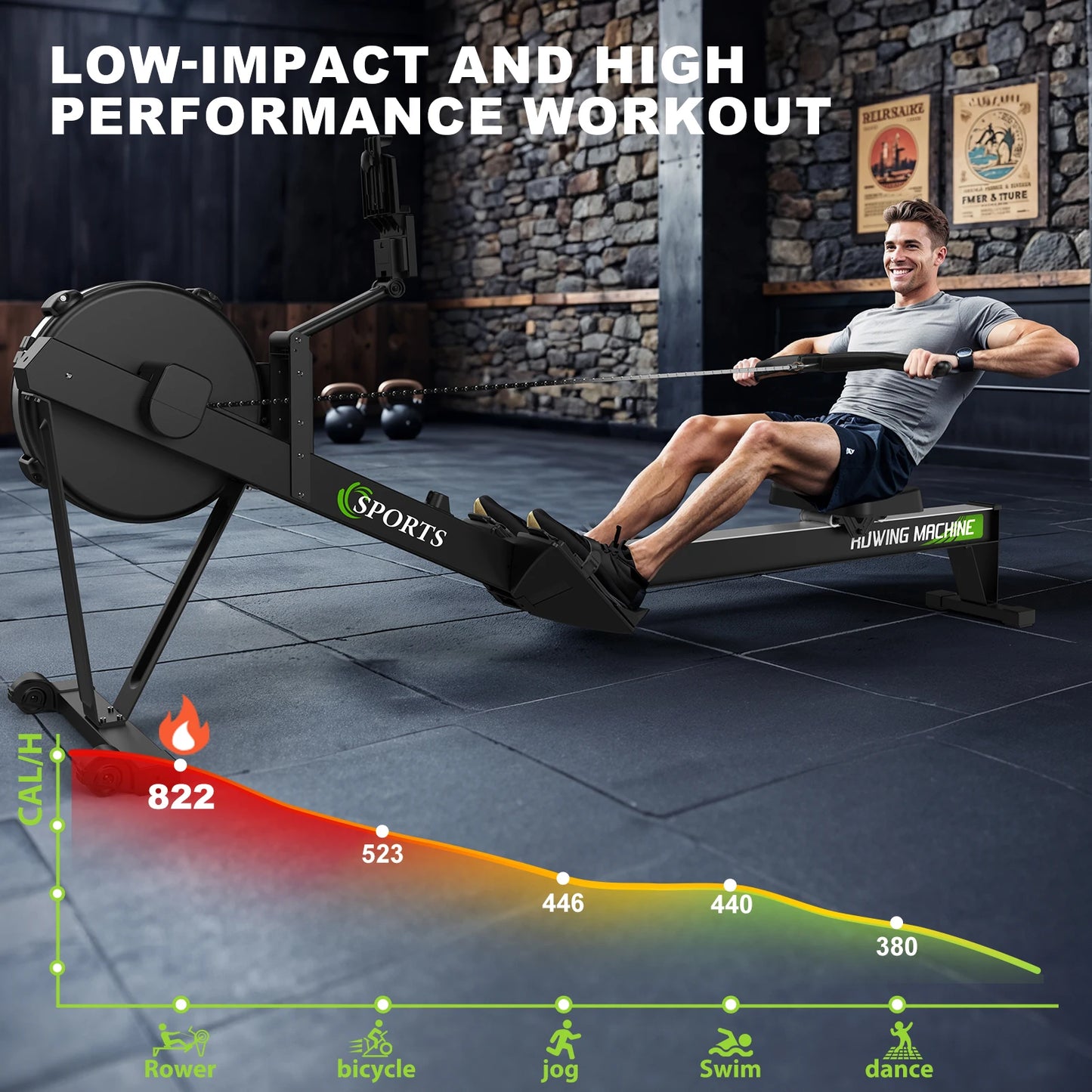 Roeimachine – Rower – Fitnessmachine – Sportmachine – Indoor Trainer – Luchtweerstand Met 10 Niveaus – Bluetooth Display Met Trainingsgegevens – Inklapbaar – Verstelbare Tablet Houder – Zwart – Max 160 kg