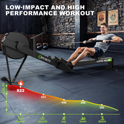 Roeimachine – Rower – Fitnessmachine – Sportmachine – Indoor Trainer – Luchtweerstand Met 10 Niveaus – Bluetooth Display Met Trainingsgegevens – Inklapbaar – Verstelbare Tablet Houder – Zwart – Max 160 kg