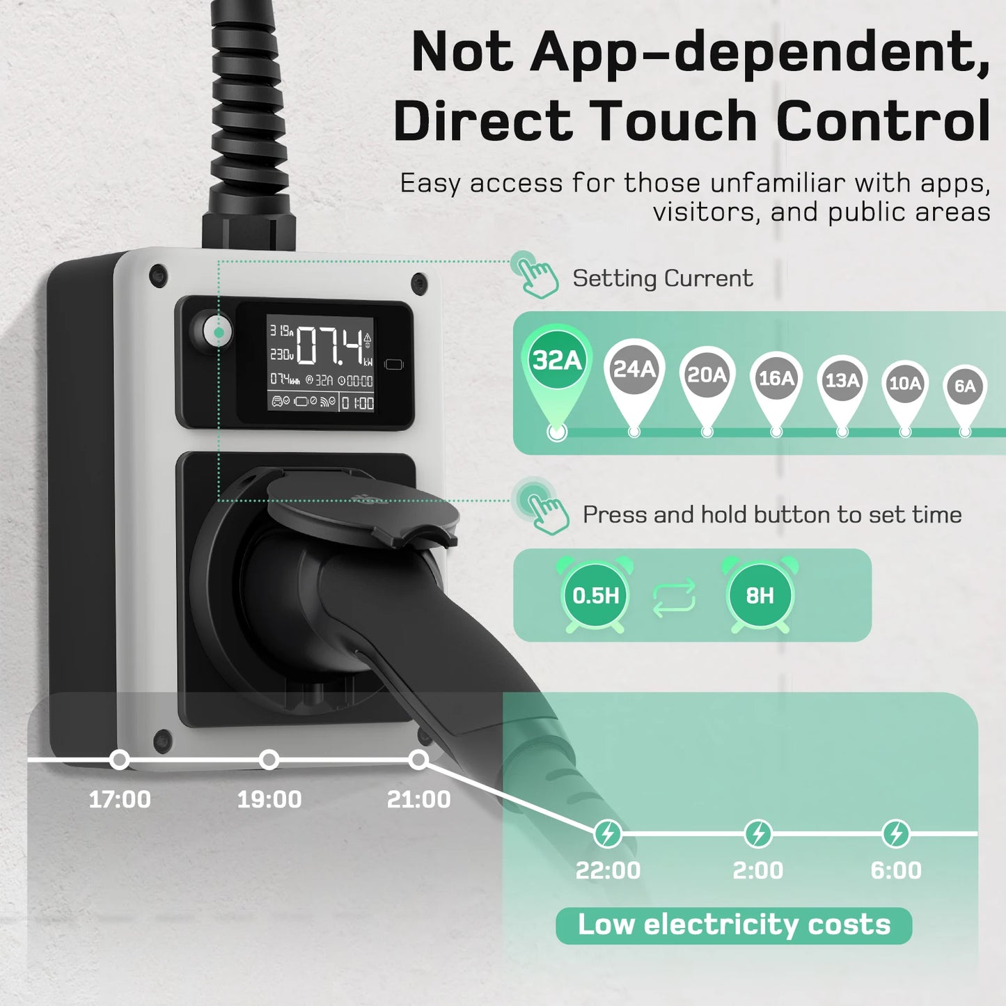 Mobiele Wallbox – Laadstation – EV Charger – Oplaadpaal – Mobiel Laadpunt – 7,4 kW 32A 1-fase – App Bediening en CEE Plug naar Type 2 - QUORE