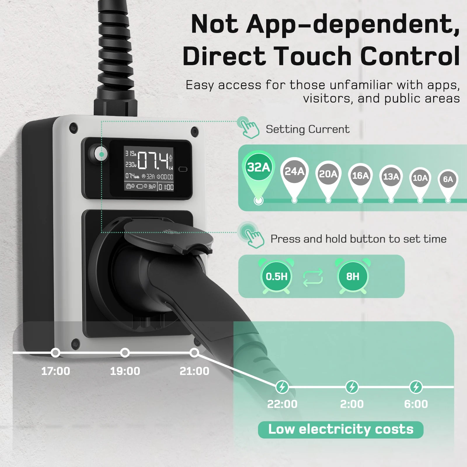Mobiele Wallbox – Laadstation – EV Charger – Oplaadpaal – Mobiel Laadpunt – 7,4 kW 32A 1-fase – App Bediening en CEE Plug naar Type 2 - QUORE