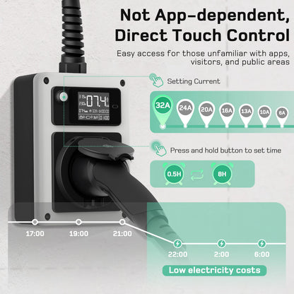 Mobiele Wallbox – Laadstation – EV Charger – Oplaadpaal – Mobiel Laadpunt – 7,4 kW 32A 1-fase – App Bediening en CEE Plug naar Type 2 - QUORE