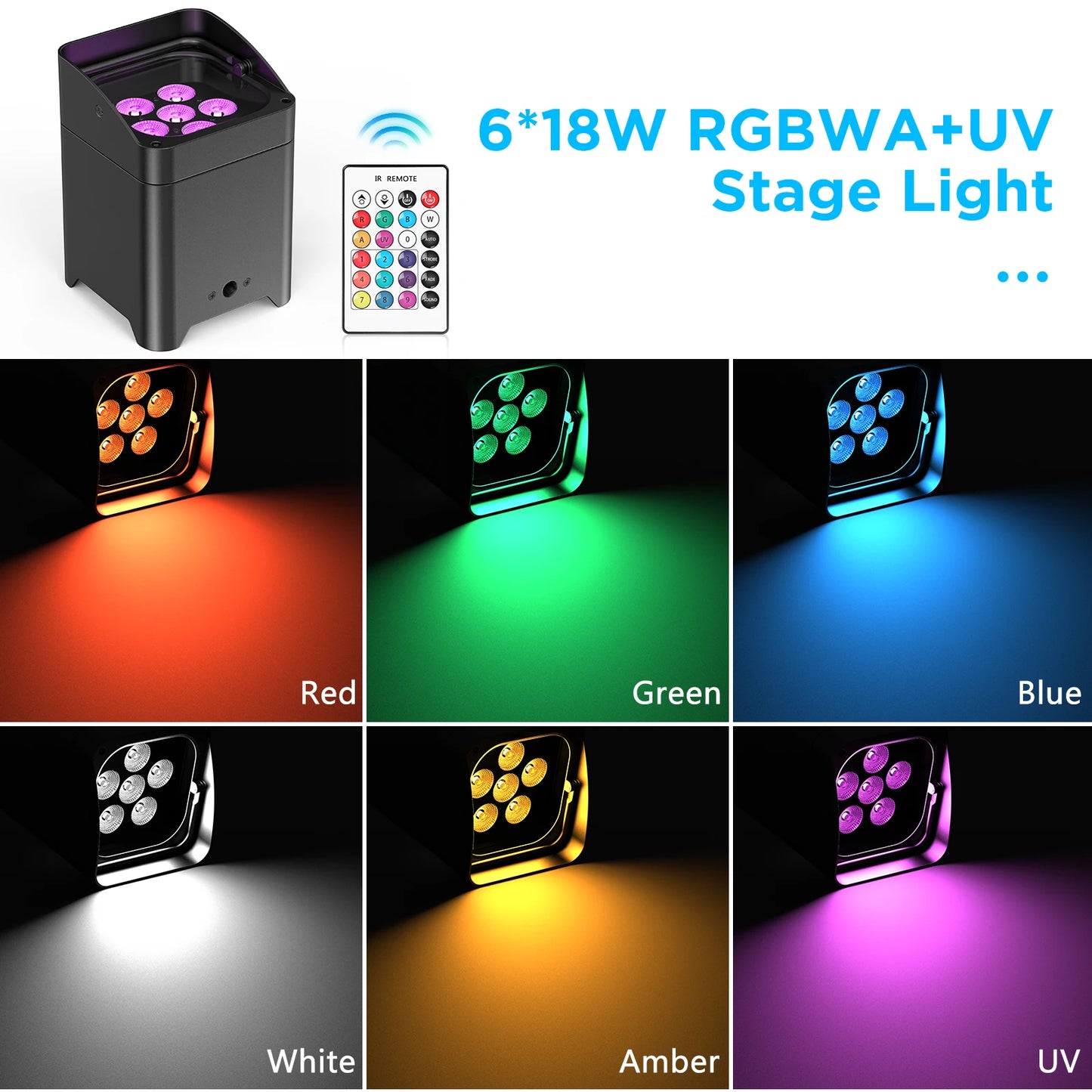 Fieryzeal 2PCS 6x18W RGBWAUV LED Par Light Wireless Built-in Battery Remote Control WiFi Wash Wall Stage Light for DJ Disco KTV