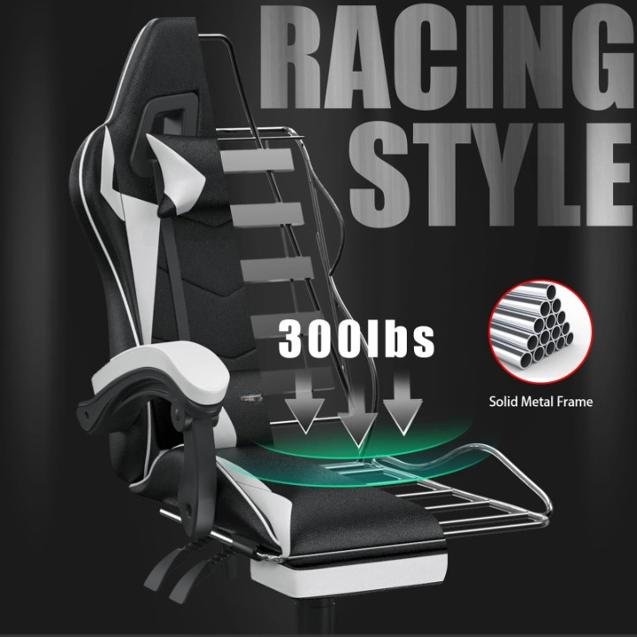 Gaming Stoel - Bureaustoel - Swivel Stoel - met Voetsteun - Hoofdsteun - Verstelbare - Rugleuning - Lendenkussen - Ergonomische - Draaibare - 68 x 50 x 122-144 cm - Wit