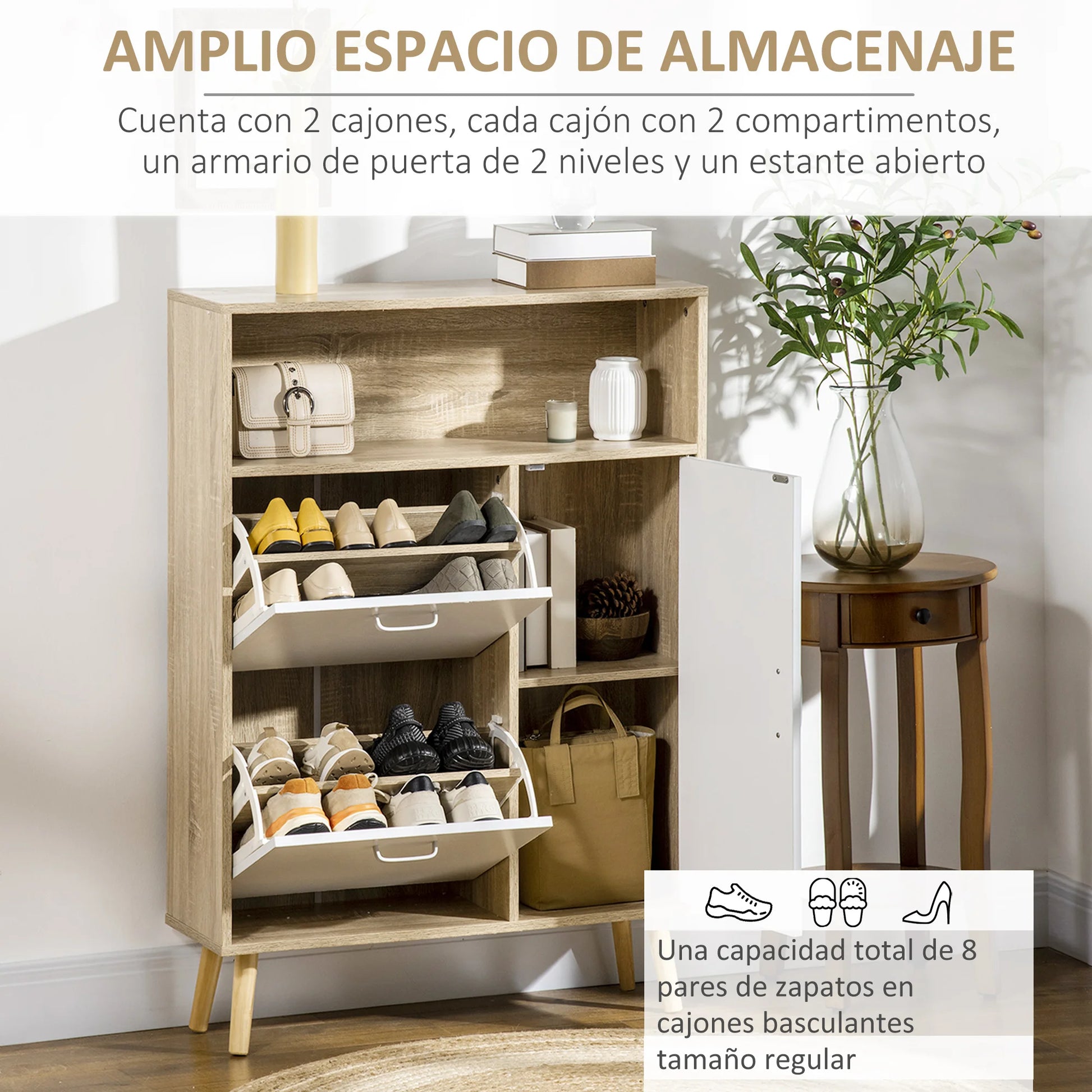 Schoenenkast – Schoenenrek – Schoenenopberger – Schoenenmeubel – Opbergruimte Voor 8 Paar – Verstelbare Lades - 80 x 25.5 x 112.5 cm - Wit & Natuurlijk Hout - QUORE