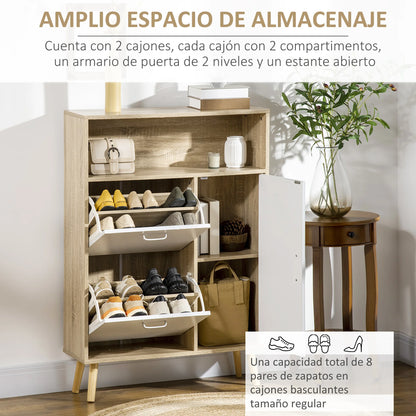 Schoenenkast – Schoenenrek – Schoenenopberger – Schoenenmeubel – Opbergruimte Voor 8 Paar – Verstelbare Lades - 80 x 25.5 x 112.5 cm - Wit & Natuurlijk Hout - QUORE