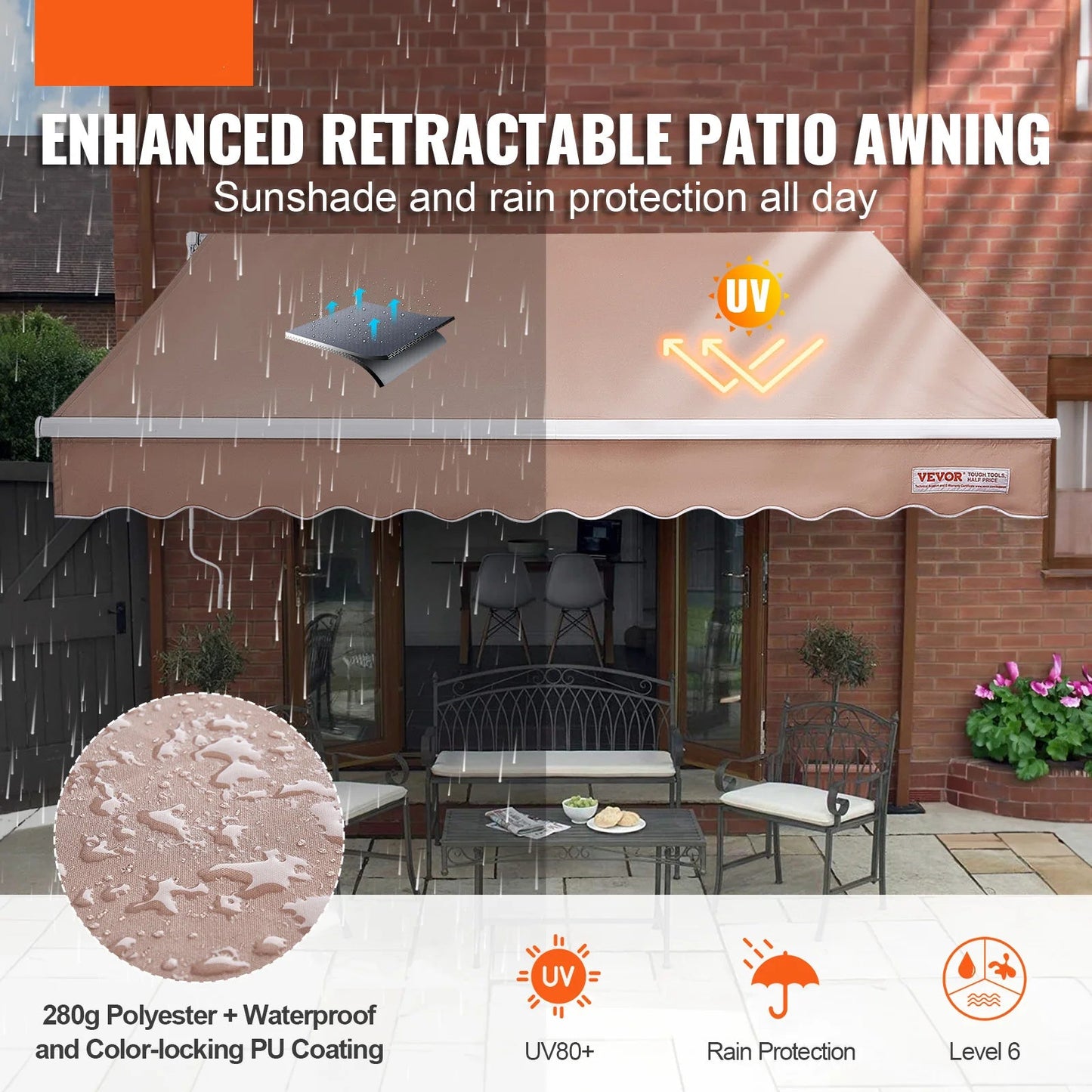 Zonneluifel - Zonnescherm - Zonneluifel Balkon - Luifel Zonnescherm - Handmatig Uittrekbaar - 365x305 cm -  Waterafstotend Terrasscherm van Polyester – Zonwering voor Tuin - Deur of Raam - QUORE