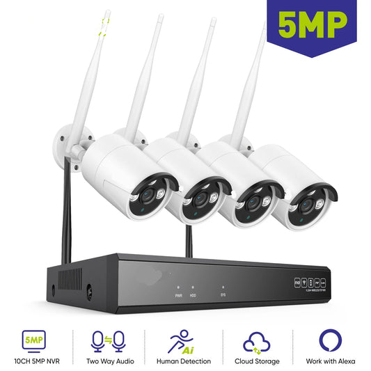 10CH 5MP Wireless Security System - Outdoor Camera with Night Vision - Security System - WiFi IP Cameras - AI Motion Detection - Built-in Microphone - IP66 Weatherproof Camera