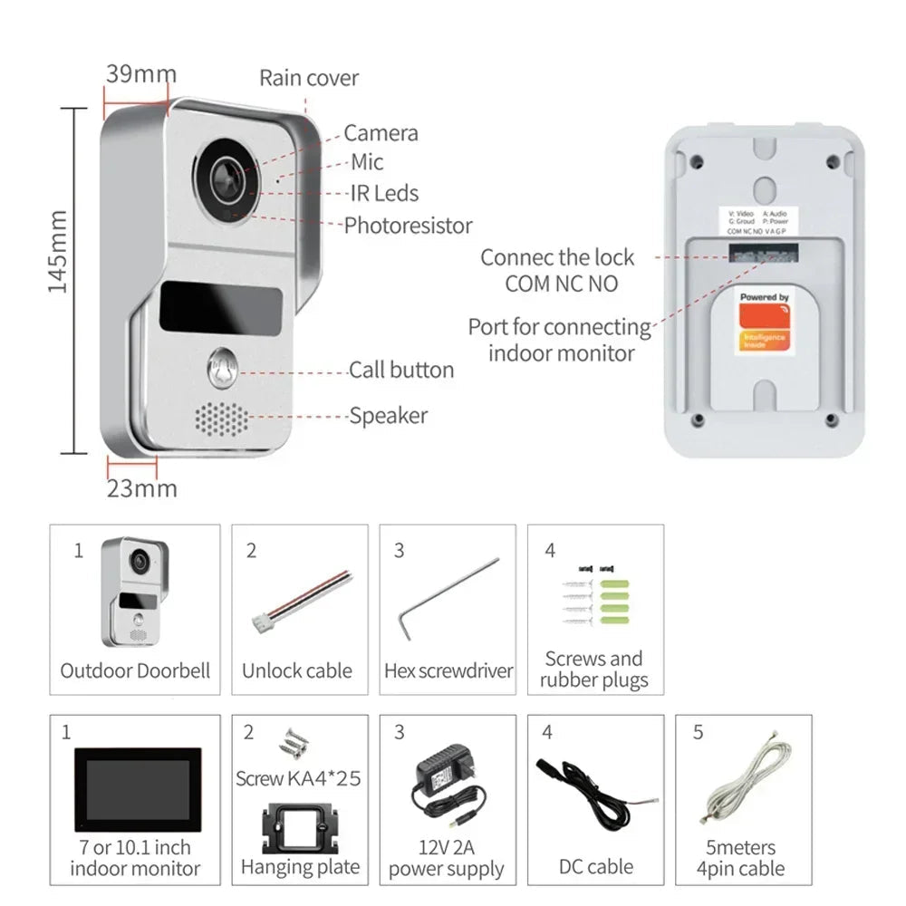 Videodeurbel – Video Deurbel – Draadloze Deurbel – Slimme Deurbel – Deurintercom – 10-inch Kleurentouchscreen – 140° Breed Gezichtsveld