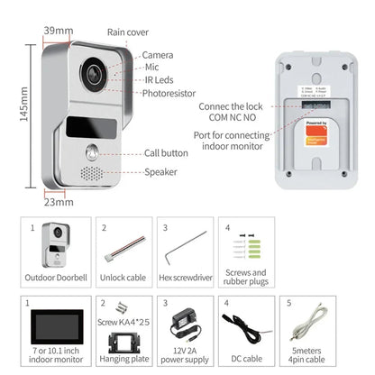 Videodeurbel – Video Deurbel – Draadloze Deurbel – Slimme Deurbel – Deurintercom – 10-inch Kleurentouchscreen – 140° Breed Gezichtsveld