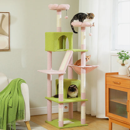 Kattenboom - voor Grote Binnenkatten – Krabpaal - Hoog Kattenmeubel - met Natuurlijke Sisal Krabpalen - Extra Grote Hangmat - 2 Kattenhuisjes - Meerdere Verdiepingen – Arbre a Chat - 180cm - Groen