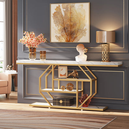 Sidetable – Extra Lange Tafel – Haltafel – Banktafel – Opbergmeubel – Marmerlook Blad – 3 Open Planken