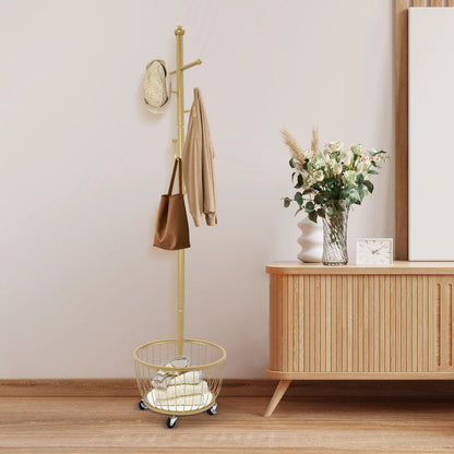 Gouden Staande Kapstok met Opbergbak - Coathanger met Wielen voor Hal - Duurzaam Carbon Staal - Moderne Kledingrek voor Slaapkamer en Woonkamer - Multifunctionele Kapstok met 6 Haken - QUORE
