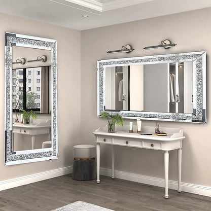 Grote Zilveren Wandspiegel – Wandspiegel – Muurspiegel – Decoratieve Spiegel – Glamoureuze Spiegel – 120x60 cm – Kristalachtige Accent Steentjes – Hoogwaardig Glas & MDF