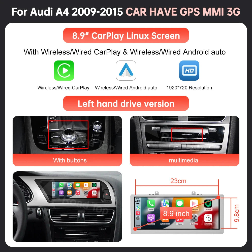 8.9” / 12.3” Touchscreen Multimedia Display – Navigatiesysteem – Infotainment Systeem – Auto Radio – Scherm Voor Audi A4 – Wireless CarPlay & Android Auto – Hoge Resolutie 1920x720 Pixels