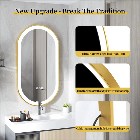 Badkamerspiegel - Badkamerspiegel met Verlichting - Gouden Frame - Stapsloze Dimbare Verlichting - Anti-Vorst & Geheugenfunctie - Wandgemonteerde - 50x80cm/20x32inch - Goud