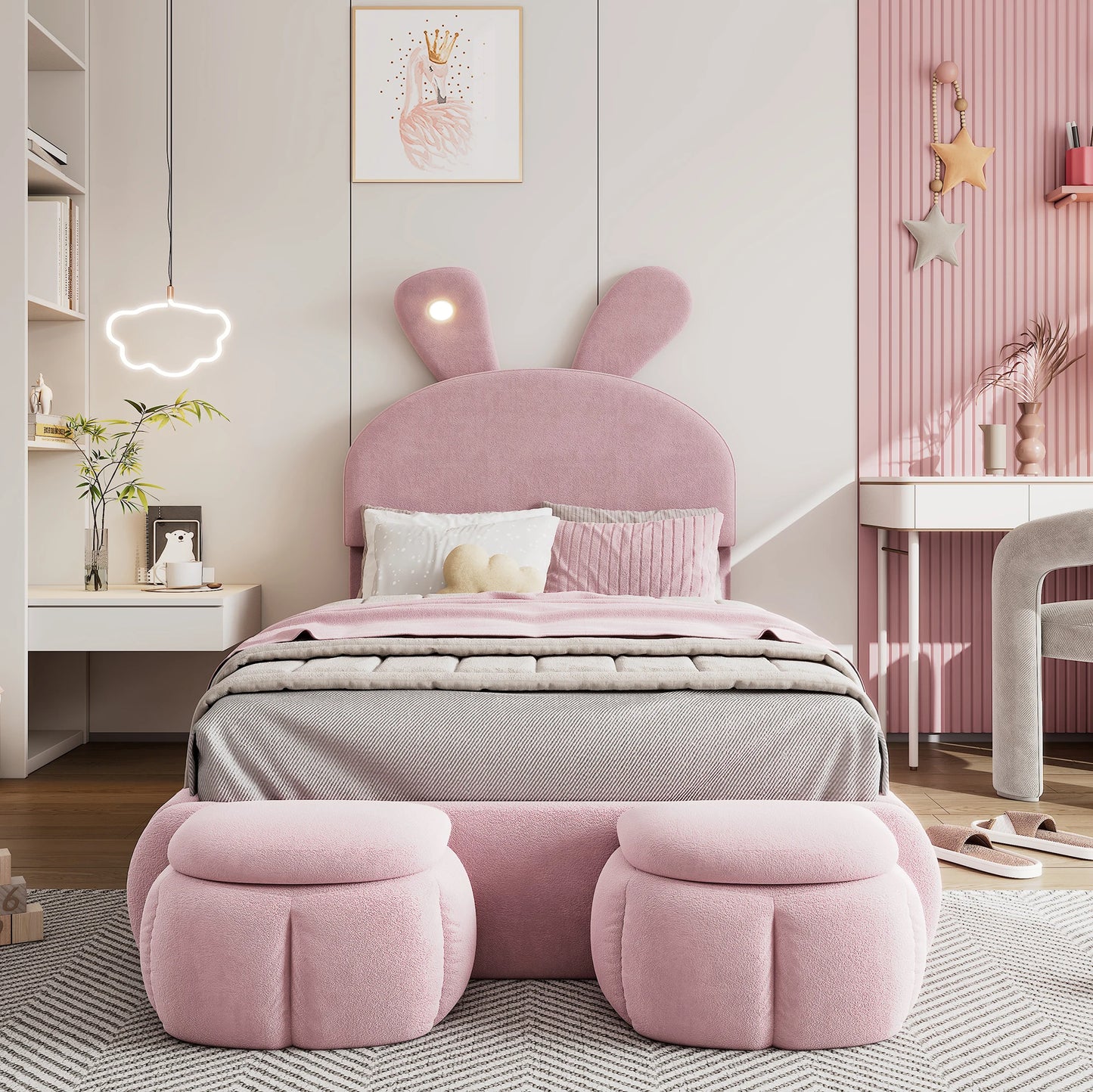 Kinderbed – Eenpersoonsbed – Jeugdbed – Slaapbank – Kinderbed met Lades – Roze Velvet Met Konijnenoren – Dimbare LED-Verlichting – 90x200 cm
