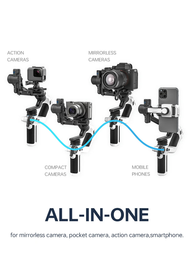 Gimbal Smartphone - Gimbal voor Smartphone & Camera - Handheld spiegelloos - Draadloze afneembare - Alles-in-één - 3-assige - Handheld Gimbal Stabilisator - voor Sony A7III GoPro 12 iPhone 15 Pro Samsung S240 - AI Tracker