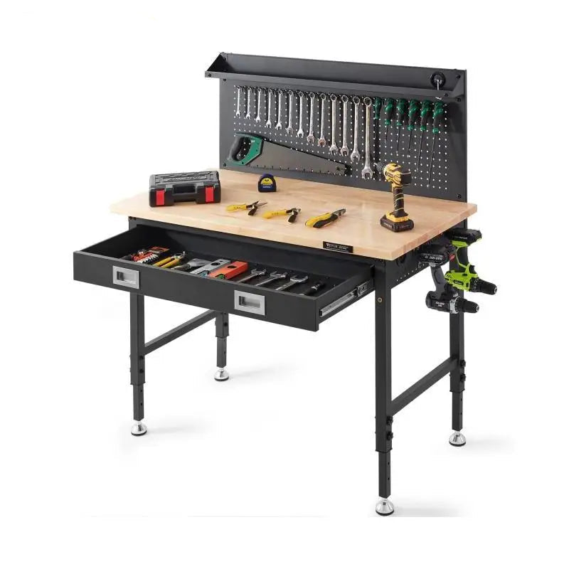 Werkbank – Werktafel – Klusbank – Hobbywerkbank – Massief Eikenhout Werkblad – Verstelbare Hoogte – 900 Kg Draagkracht