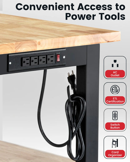 Verstelbare Werkbank - Werktafel - Industriële Werkbank - 60inch - Rubberen Houten Werktafel - met Metalen Pegboard - en 2-Laags Opslag - Grote Werktafel - voor Houtbewerking - en Klussen