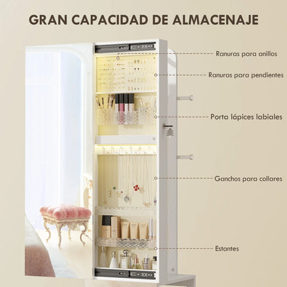 Sieradendoos Spiegel – Sieradenkast – Opbergdoos – Accessoire Organizer – 360° Draaibare Basis – LED-Verlichting – Slot Met Sleutels – Wit Met Beige - QUORE