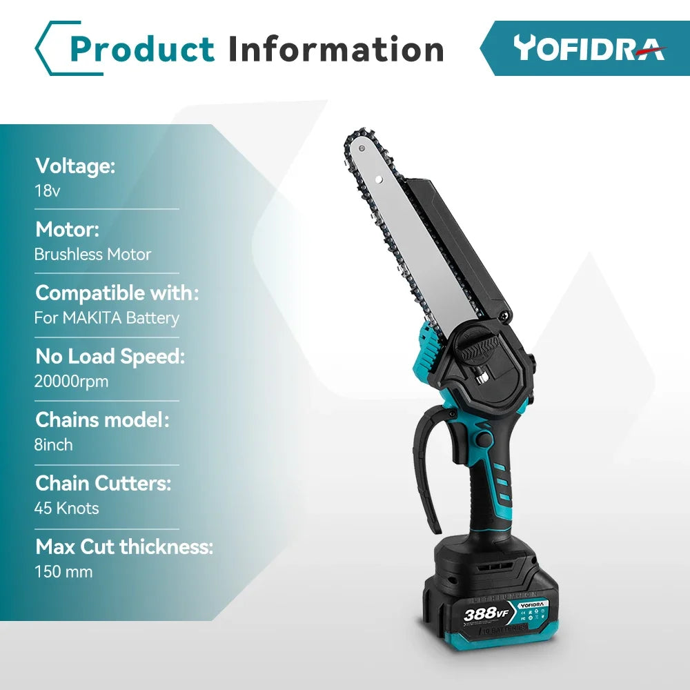 YOFIDRA 8 Inch Mini Brushless Electric Chainsaw Cordless Pruning Saw Cordless Woodworking Garden Tool For Makita 18V Battery Pin - QUORE
