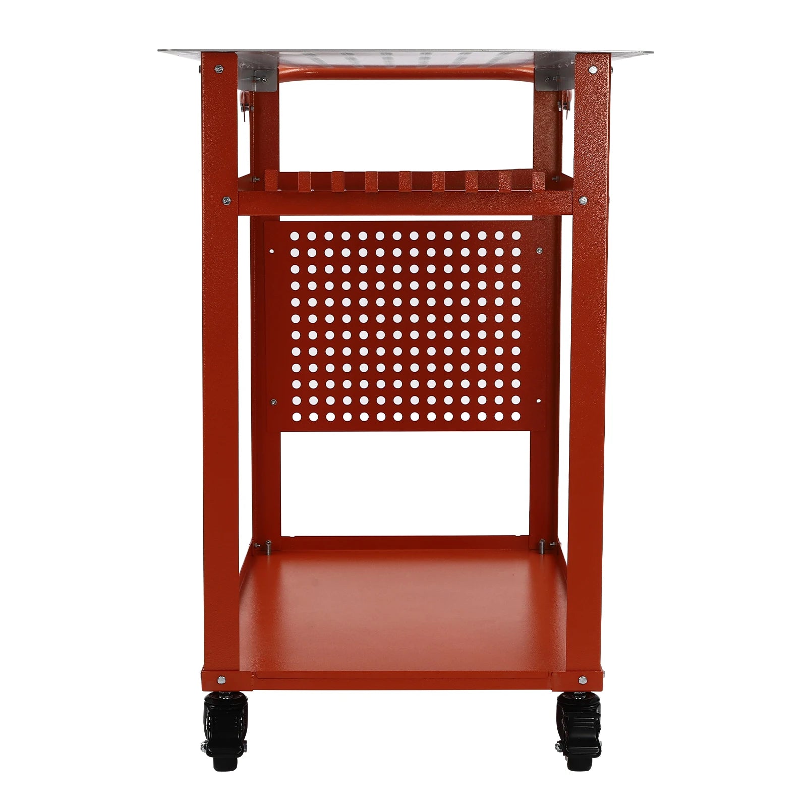Industriële Stalen Werktafel – Werkbank – Montagebank – Werkbank Met Wielen – Mobiele Werktafel Rood – Draagvermogen 272 kg – Dubbele Werkplanken Met 9 Haken En Zijbord - QUORE