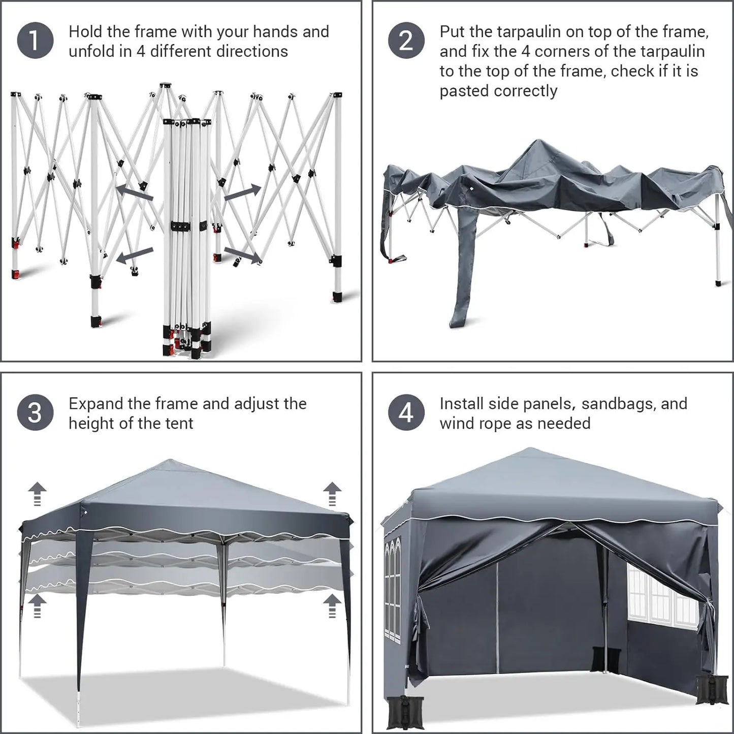 Paviljoen - Tuinpaviljoen - Partytent - Tuintent - Pop-up Kliksysteem - Stabiel - Vouwtent - met 4 zijpanelen - Opvouwbaar - Waterdicht - Hoogte Verstelbaar - 50+UV-Bescherming - voor Tuin - Buiten - Achtertuin - 240D Oxford - 3 x 3 m - Grijs - QUORE