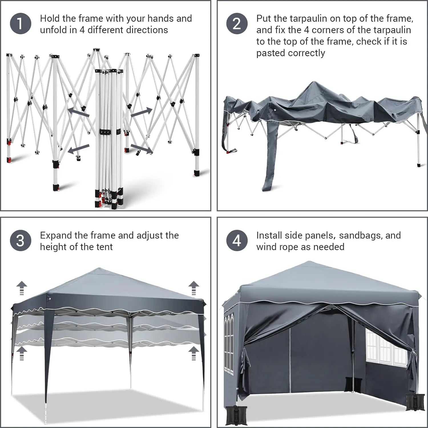 Paviljoen - Tuinpaviljoen - Partytent - Tuintent - Pop-up Kliksysteem - Stabiel - Vouwtent - met 4 zijpanelen - Opvouwbaar - Waterdicht - Hoogte Verstelbaar - 50+UV-Bescherming - voor Tuin - Buiten - Achtertuin - 240D Oxford - 3 x 3 m - Grijs - QUORE