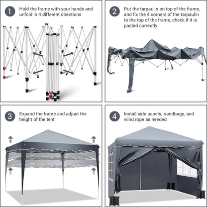 Paviljoen - Tuinpaviljoen - Partytent - Tuintent - Pop-up Kliksysteem - Stabiel - Vouwtent - met 4 zijpanelen - Opvouwbaar - Waterdicht - Hoogte Verstelbaar - 50+UV-Bescherming - voor Tuin - Buiten - Achtertuin - 240D Oxford - 3 x 3 m - Grijs - QUORE