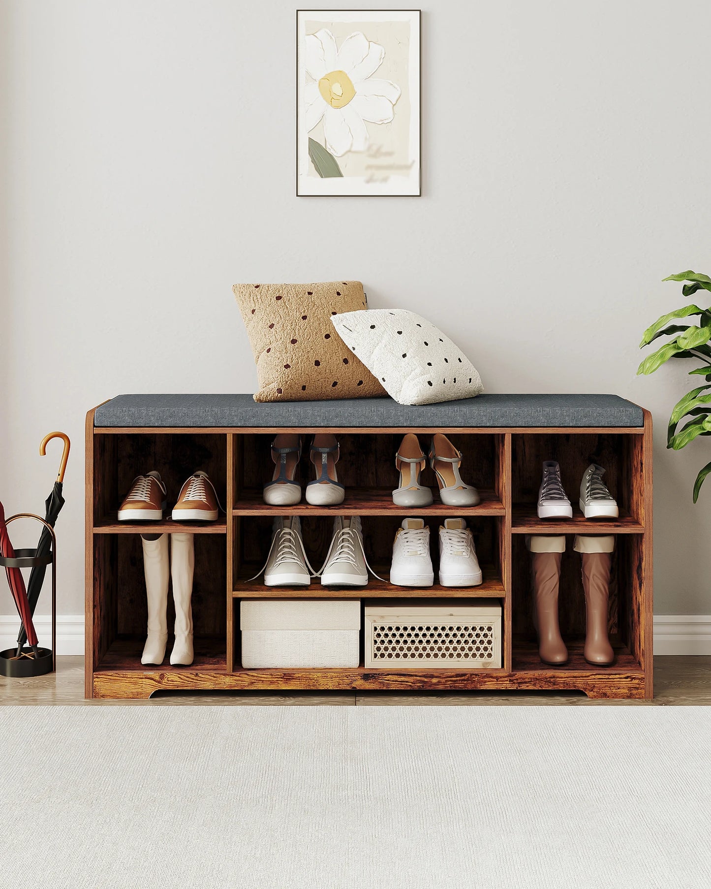 Schoenenbank - met Zitvlak en Opbergkussen - Schoenenrek met 9 Vakken - Verstelbare Planken - Minimalistisch Design - Opbergbank voor Woonkamer - Wit/Grijs - 30 x 103 x 52,7 cm - QUORE