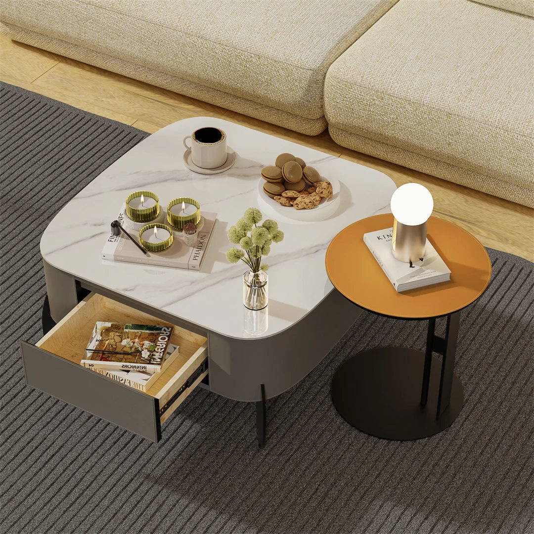 Salontafel – Koffietafel – Woonkamertafel – Tafel Met Laden – Sintered Stone Blad – Soft-Close Opberglades - 99.5 x 98.5 x 35.5 cm