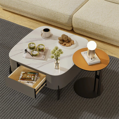 Salontafel – Koffietafel – Woonkamertafel – Tafel Met Laden – Sintered Stone Blad – Soft-Close Opberglades - 99.5 x 98.5 x 35.5 cm