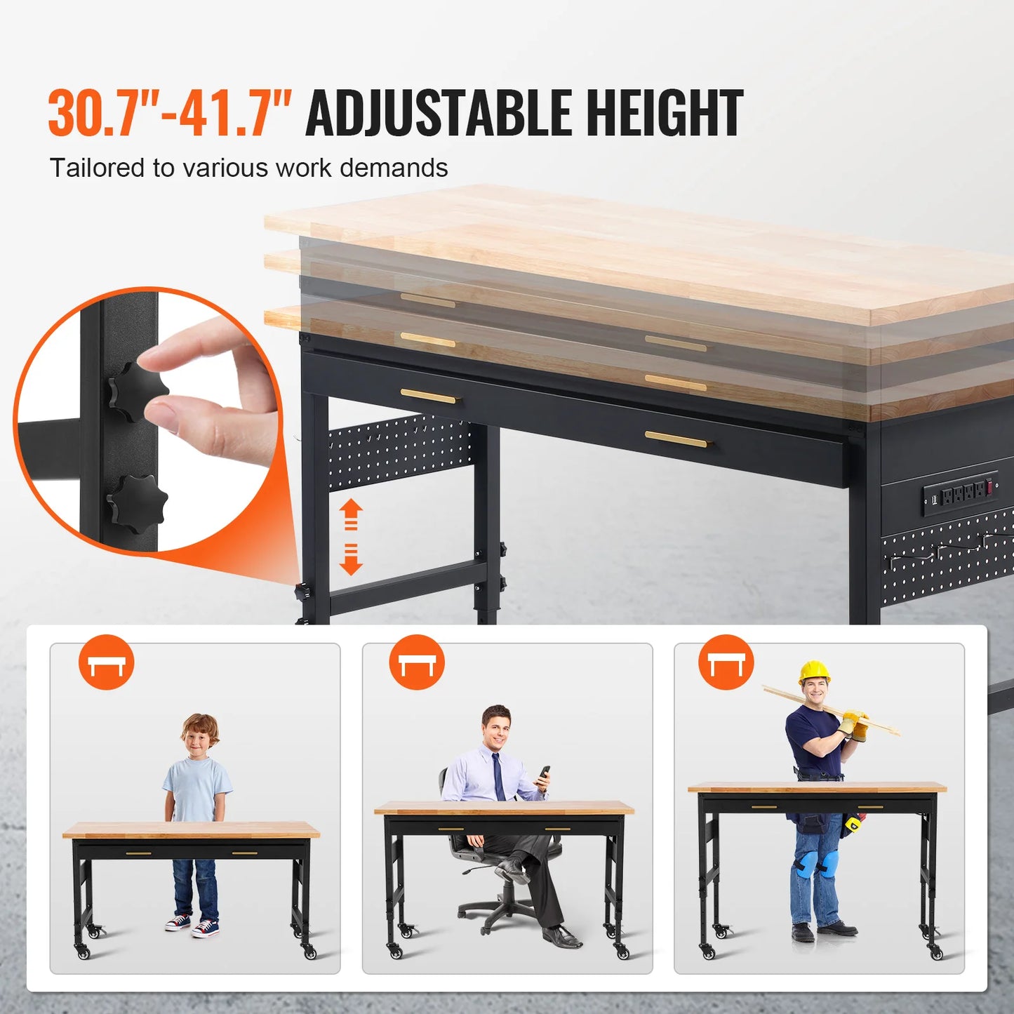 Verstelbare Werkbank - Werktafel - Industriële Werkbank - Garage Werkbank - Kantoor Tafel - 1500lbs - 60x24 Inch - Eikenhouten - met Lade - Pegboard - Wielen & Stroomvoorziening - Voor Garage - Werkplaats & Kantoor