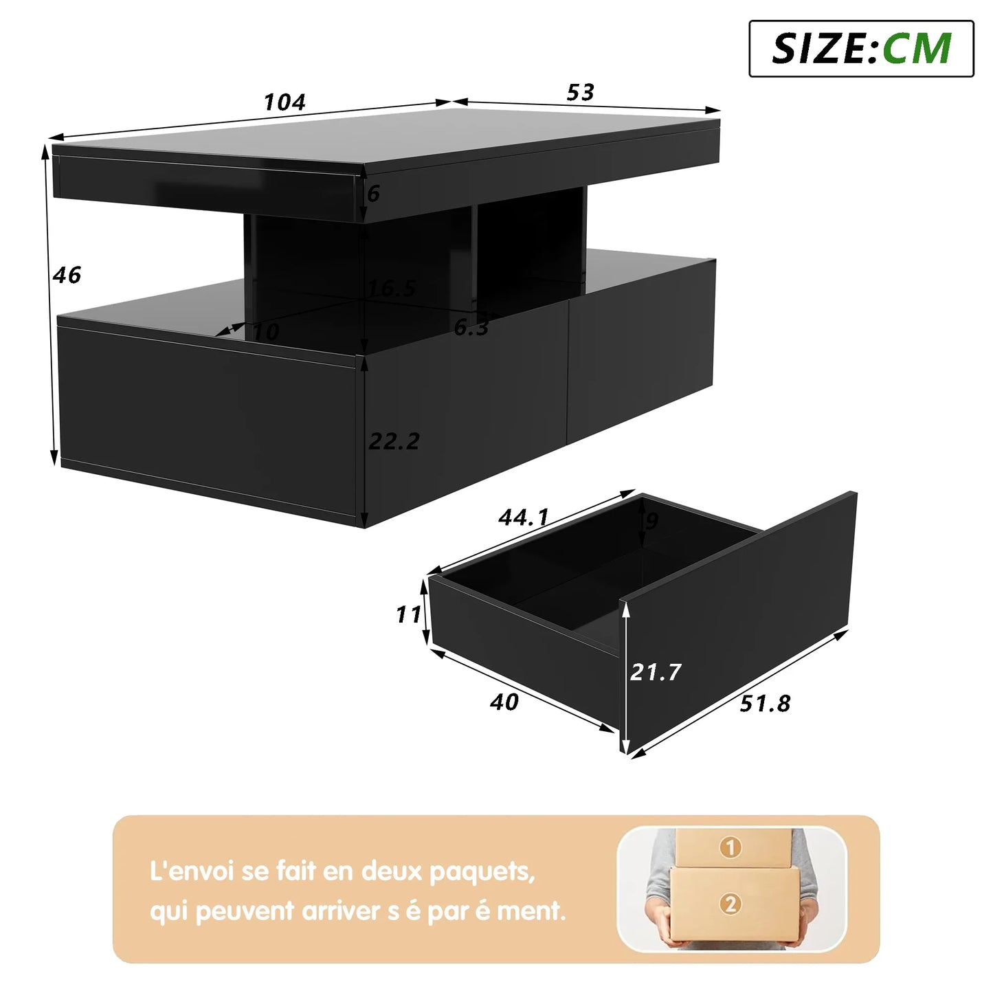 Salontafel – Koffietafel – Woonkamertafel – Bijzettafel – Zwarte Hoogglans Salontafel – LED-Verlichting – 2 Laden – MDF – 140x53x46 cm