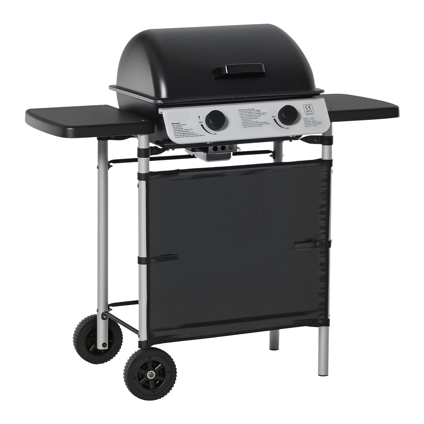 Gasbarbecue - BBQ-rokergrill -  met 2 Branders - 2-zijdige Barbecuetafel - Planken - Wielen - Groot Grilloppervlak - voor Buiten - Tuin - Achtertuingrillen - 104 x 49 x 99 cm - Zwart - QUORE