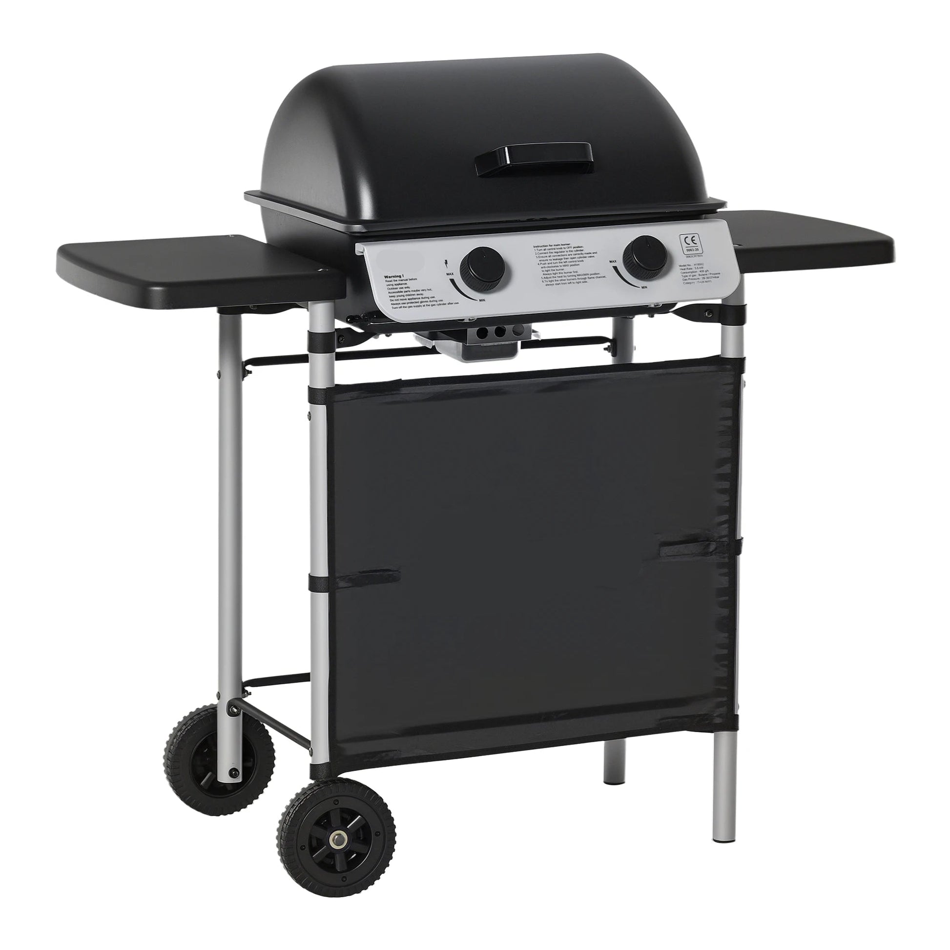 Gasbarbecue - BBQ-rokergrill -  met 2 Branders - 2-zijdige Barbecuetafel - Planken - Wielen - Groot Grilloppervlak - voor Buiten - Tuin - Achtertuingrillen - 104 x 49 x 99 cm - Zwart - QUORE