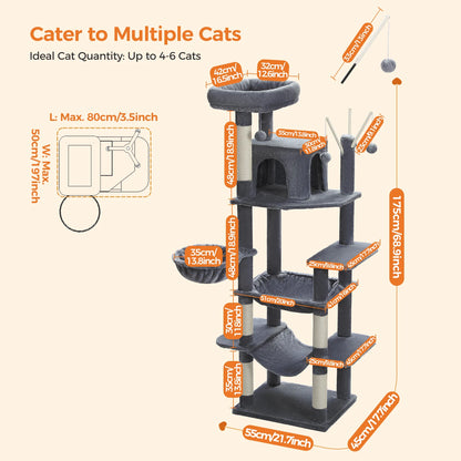 Kattenboom – Katten Klimmuur - Krabpaal - Kattenmeubel - met Hangmatten en Huisjes - 7-Laagse - 175cm - Sisal Krabpalen - Arbre a Chat - Donkergrijs
