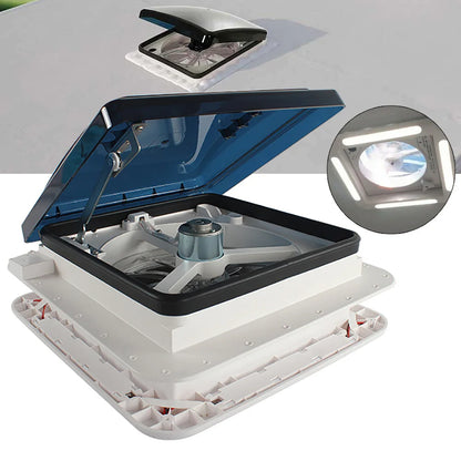 RV Dakventilator - Dakraam Ventilator - Caravan - Plafondventilator - Camper - LED verlichting - Insectenbestendig net - 12V RV - Handmatige Liftbediening, Plafond Ventilator met Rookkap IP68 - QUORE