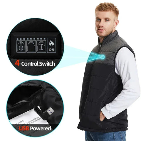 Heating Jacket - Heated Bodywarmer - Heated Clothing - 15 Areas Heated Vest - Motorcycle Usb Electric Heating Vest - Winter Rechargeable Heated Jacket - Size XXL - Gray