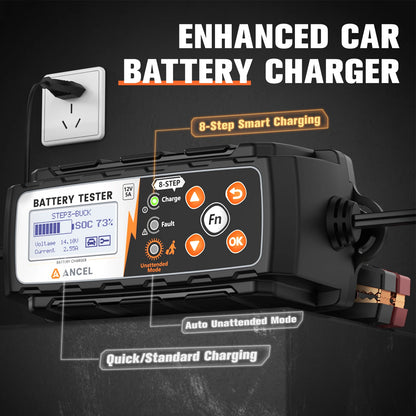 Acculader 12V – Batterijlader – Accu Tester – Accu Onderhoud – 8-Stappen Laadproces – IP65 Waterdicht – Automatische Herstelfunctie