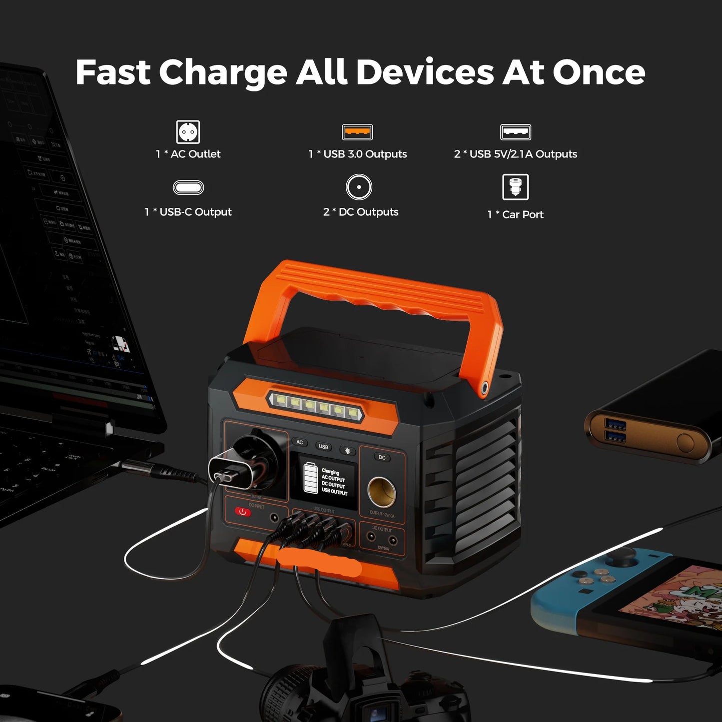 Draagbare Powerstation – Mobiele Energiebron – Noodstroomvoorziening – Camping Accu – 200W Continue Stroom – 4 USB-Poorten