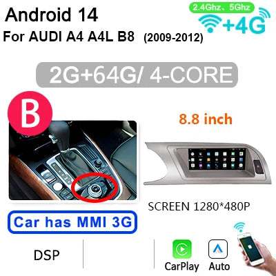 8GB 256GB Autoradio – Multimedia Speler – Auto Stereo – Android 14 Systeem – 2 Din Unit – 8,8 Inch Touchscreen – 4G LTE Verbinding – CarPlay & Android Auto